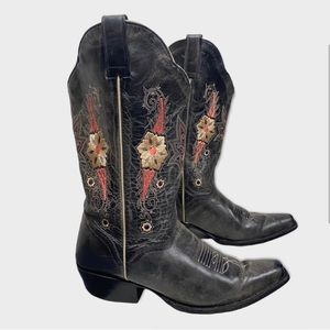 J.B. Dillon Embroidered Leather Cowboy Boots Pointed Toe Charcoal Grey size 8